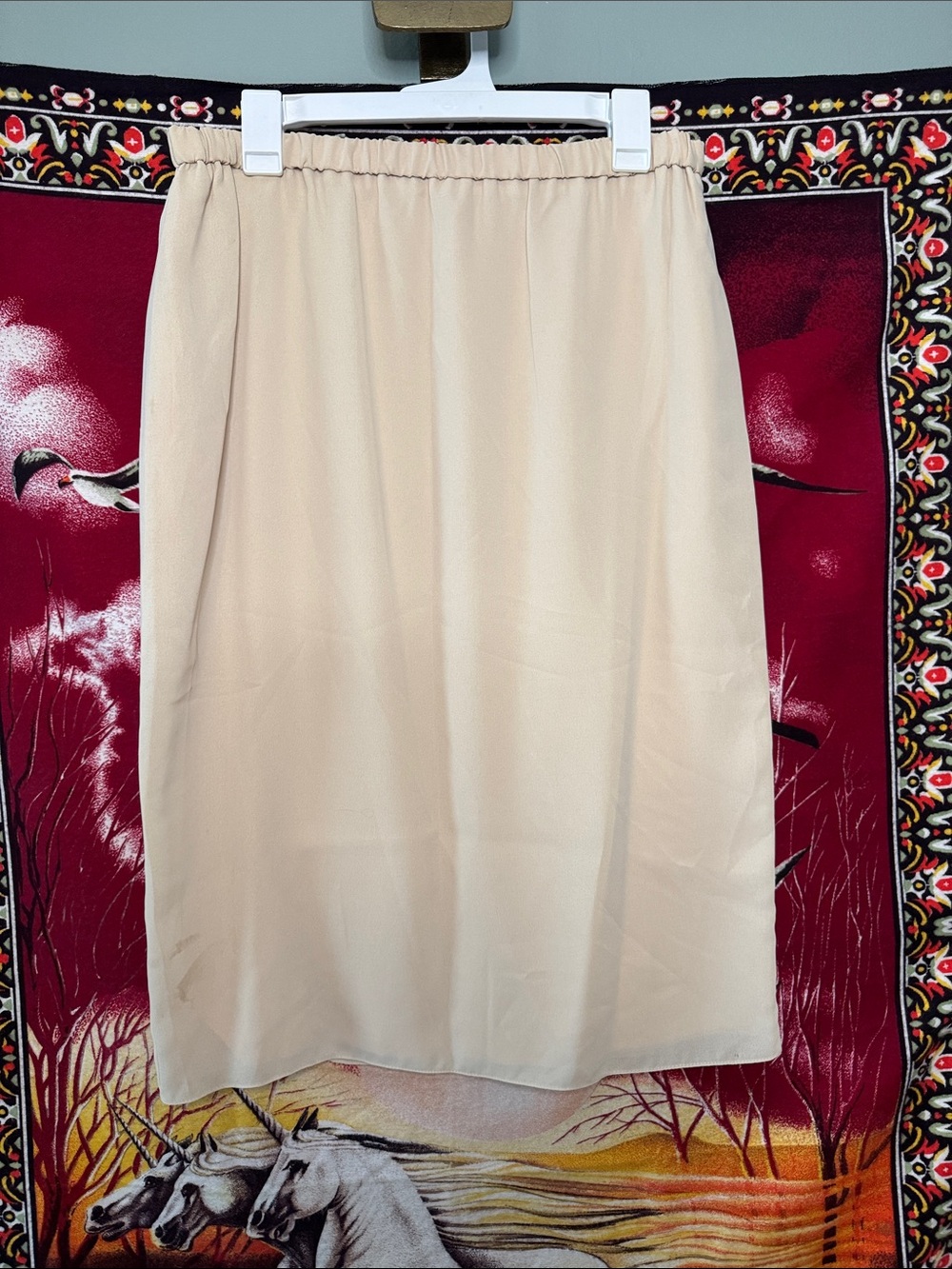 vintage minimalist cream elastic waist lined straight skirt